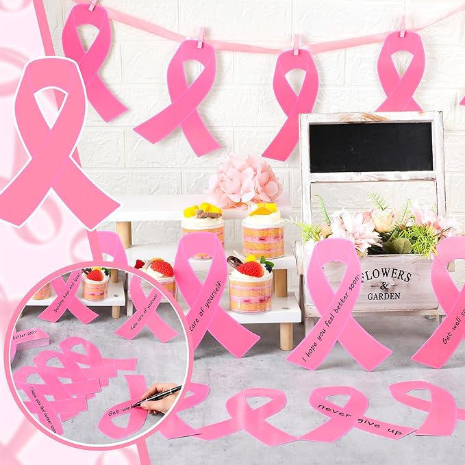 Kosiz 100 Pack Large Pink Ribbon Set 100 Breast Cancer Awareness Cutouts 2 Marker Pens 100 Wooden Clips with Rope Pink Ribbon Breast Cancer Awareness Items for Women Charity Support Supplies-DeskLoop Office