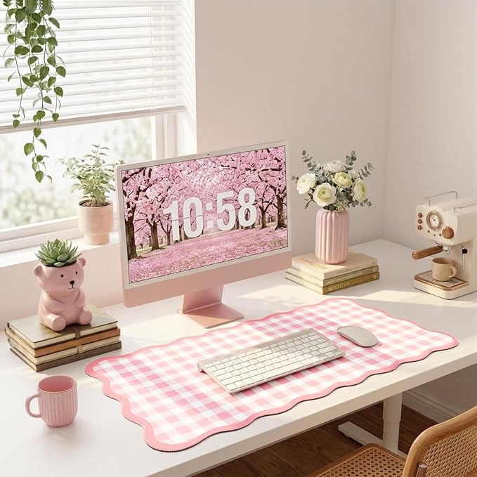Scalloped Gingham Pink Desk Mat, Large Cute Desk Pad - Image 2
