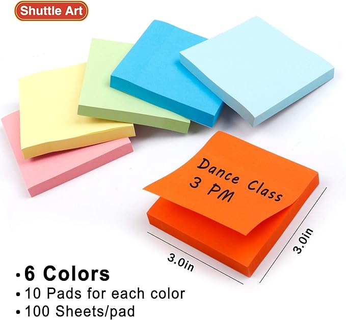 Sticky Notes, Shuttle Art 60 Pads Bright Stickies, 6 Assorted Colors, 3x3 Inches, 100 Sheets/Pad Sticky Pads for Home, School, Office-DeskLoop Office