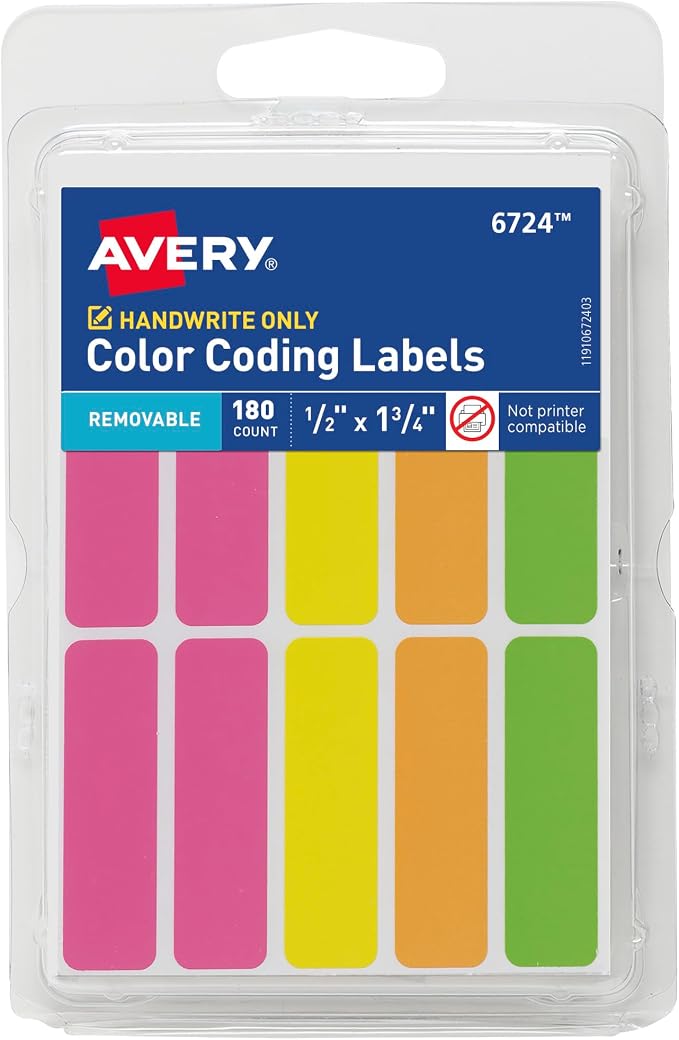 Avery Color-Coding Removable Labels, 1/2" x 1-3/4", Non-Printable, 180 Blank by Avery