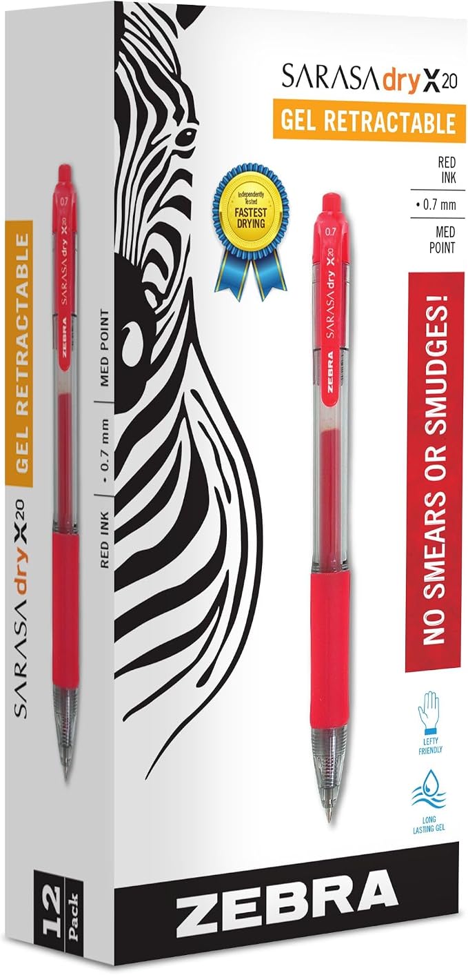 Zebra Pen Sarasa Dry X20 Retractable Gel Pens, 0.7mm Medium Point, Eliminates by ZebraPen