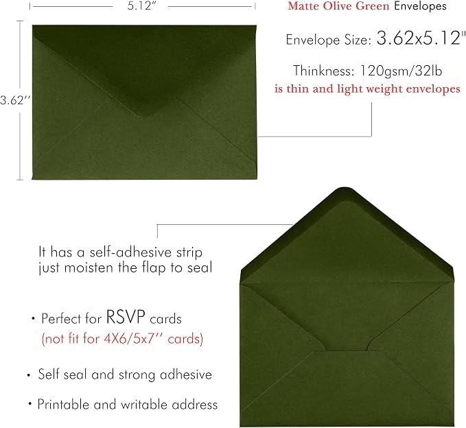 PONATIA 50 Pack Small Envelopes, 3.62 x 5.12'' Olive Green Envelopes Perfect - Image 2