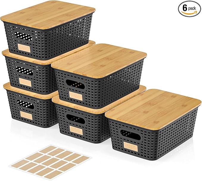 6Pcs Storage Bins with Lids, Stackable Plastic Storage Basket with Bamboo Lid by Viphope
