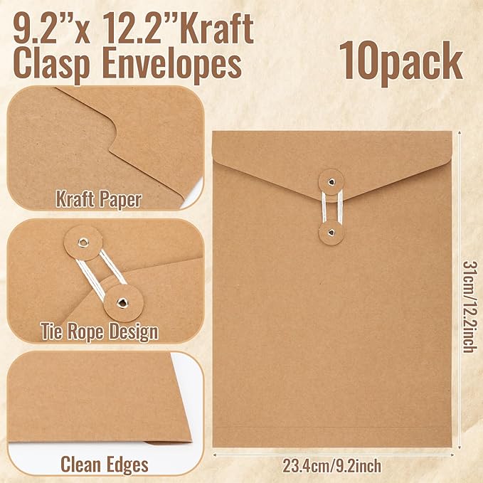 Feifeiya 10 Pack Kraft String Envelope File Folder Brown A4 Letter Size Brown - Image 2