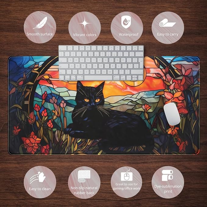 Black Cat Desk Mat Vintage Sunset Desk Mouse Keyboard Pad, XXL Large Mouse Pad - Image 6