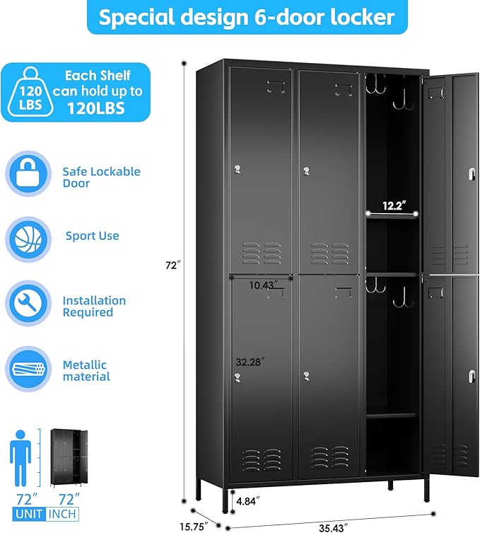 6 Doors Metal Locker for Employees with 18 Hooks and Business Card Holder,Metal Locker with Ventilation Holes for School Garage Office Gym Home,Assembly Required,Black-DeskLoop Office