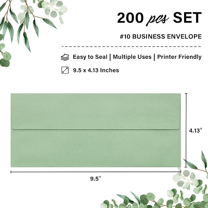 200 Pack #10 Business Envelopes, Self Seal Standard Sage Green Envelopes - Image 2