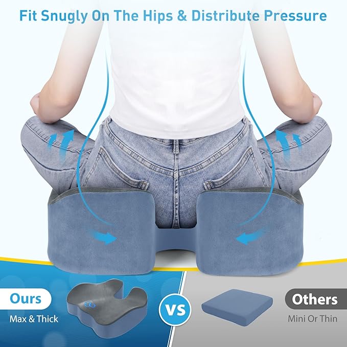BlissTrends Seat Cushion,Thick Memory Foam Cushions for Office Chair, Car Seat, Airplane, Relieving Pressure Tailbone Sciatica Back Pain for Office Workers, Car Drivers 4.7in Thick Dark Grey&Blue-DeskLoop Office