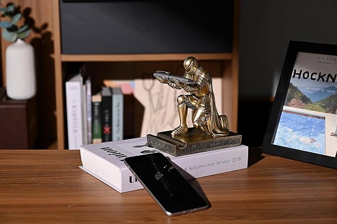 Windbreaker Soldier Knight Pen Holder Personalized Desk Accessory, Mobile Phone & Gaming Controller Holder, Device Stand Gift for Medieval Enthusiasts (Bronze)-DeskLoop Office