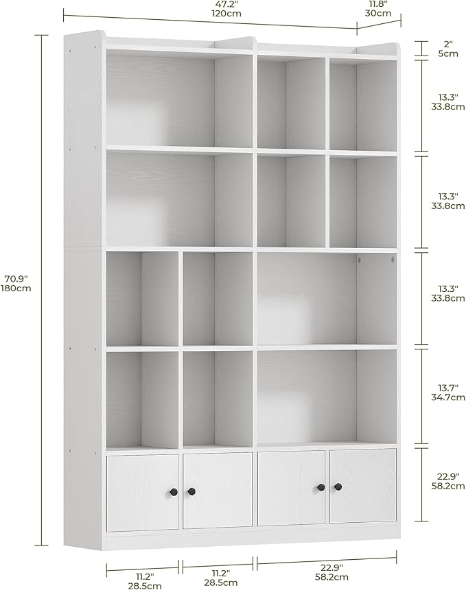 IRONCK Bookshelves and Bookcase, 6 Tiers Large Bookshelf with 4 Doors, Floor Standing Tall Display Storage Shelves for Home Office, Living Room, Bedroom, White-DeskLoop Office