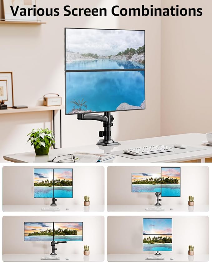 Dual Monitor Stand Holds 4.4-22 lbs Each, Dual Monitor Mount Height up to 26.6 inch, Gas Spring Monitors Arm for Max 32 inch Computer, VESA Mount with C-clamp & Grommet Mounting, Freelift Black-DeskLoop Office