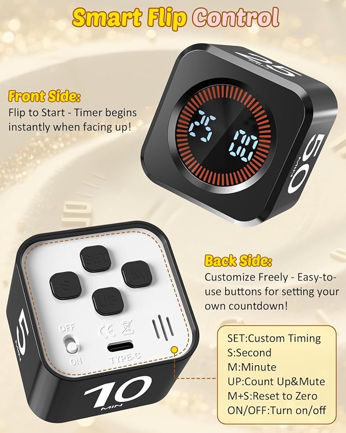 Digital Pomodoro Timer Cube 5/10/25/50min, Visual Productivity Flip Timer - Image 4