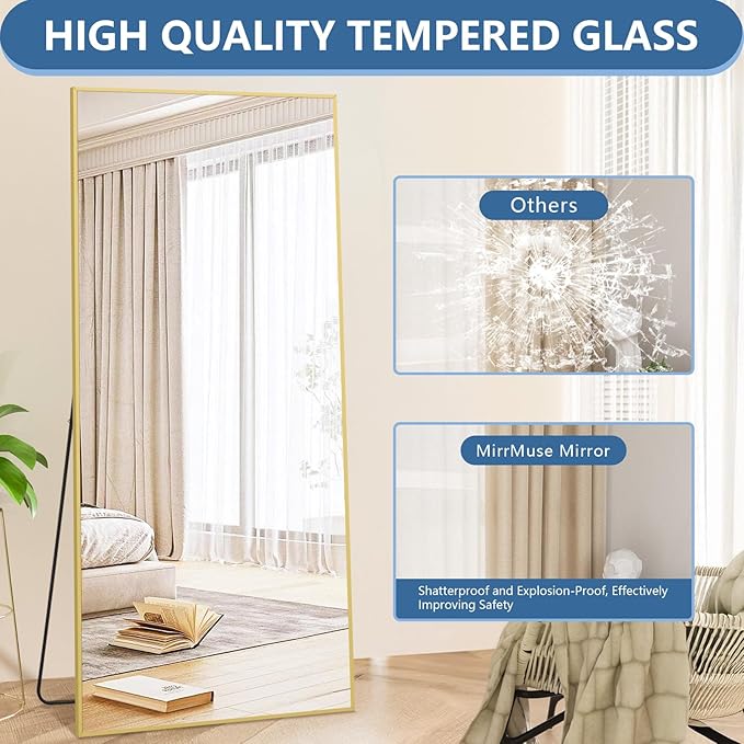 Large Full Length Mirror, 71"x32" Gold Floor Mirror with Stand, Rectangle Standing Mirror for Living Room Bedroom Cloakroom Gym, Thin Aluminum Frame, Tempered Glass-DeskLoop Office