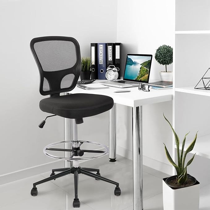 Armless Drafting Chair Tall Office Chair Adjustable Height High Back Ergonomic Desk Chair Drafting Stool Rolling Bar Stools Chairs with Footrest and Wheels-DeskLoop Office