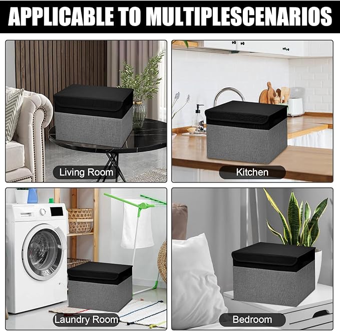 Large 17" 42 Quarts Collapsible Stackable Storage Bins with Lids [3-Pack] Foldable Fabric Linen Storage Boxes Cube, Closet Organizer Baskets with Label for Home (16.7 x 12 x 12", Black & Gray)-DeskLoop Office