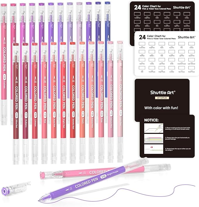 Shuttle Art Colored Pens, 24 Pink & Purple Tone Colors Cute Journal Pens 0.6mm by ShuttleArt