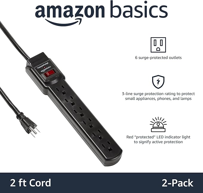 Amazon Basics Surge Protector Power Strip, 6-Outlet with 200J Protection, 2ft Extension Cord, Rectangle, Black (2 Pack)-DeskLoop Office