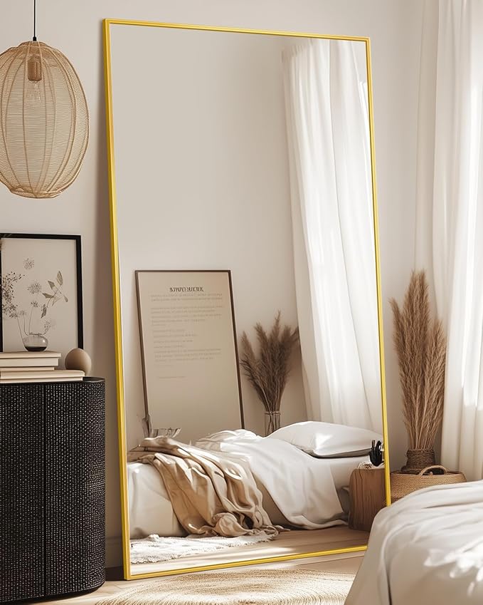 Full-Length Floor Mirror with Stand, 76"x34" Rectangle Style Full Body Standing Mirror for Bedroom, Living Room, Gym, Dorm - Shatter-Resistant & Easy Assembly, Gold-DeskLoop Office