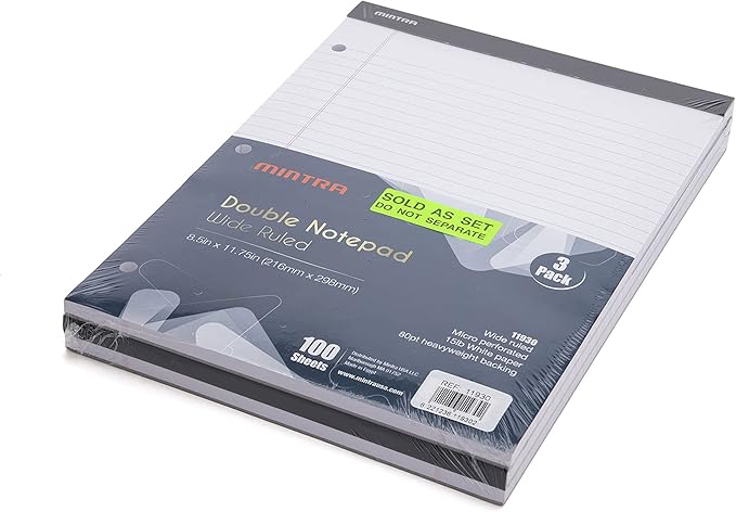 Mintra Office Legal Pads (Double Pad 3pk (White), 8.5in x 11in (Wide Ruled))-DeskLoop Office