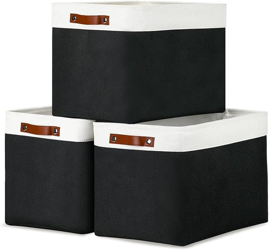 DULLEMELO Large Storage Baskets Fabric Storage Bins, Canvas Storage Basket for Shelf Toys, Decorative Large Storage Bins with Handle for Baby Gift(White&Black)-DeskLoop Office