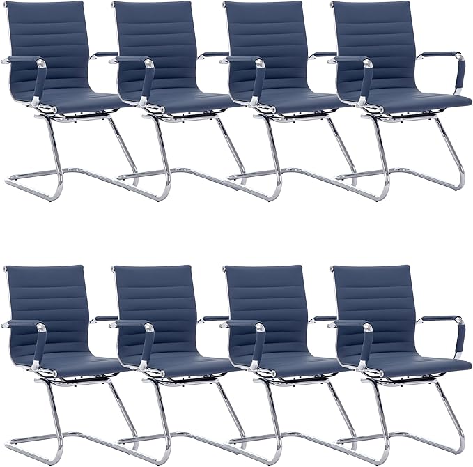 Office Desk Chair Set of 8,No Wheels PU Leather Computer Chairs Mid Back Guest Chairs with Seld Base for School/Reception/Conference/Waiting Room,Navy Blue-DeskLoop Office