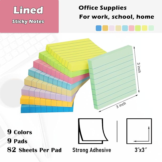 HQCME 9 Pack Lined Sticky Notes 3x3 in Post Sticky Notes - Image 2