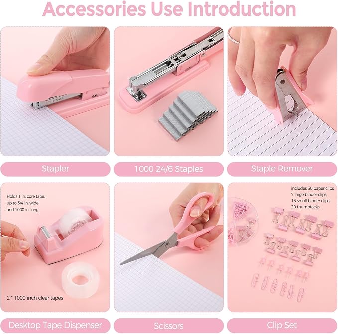 SKYDUE Pink Office Desk Accessories, Tape Dispenser, Clips and 1000pcs Staples - Image 2