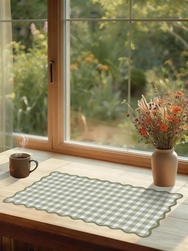 Scalloped‌ Green Checkered Desk Mat Cute Pastel Large Gaming Mouse Pad Gingham - Image 7