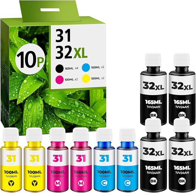 31 32XL Ink Bottle Set for Smart Tank Ink 5101 7602 5000 5103 651 6001 7301 7001 Compatible with HP 31 32XL Ink Bottle Set for Smart Tank 5000 5101 7602 7301 7001 5102 7002 7006 551 Printers, 10 Packs-DeskLoop Office