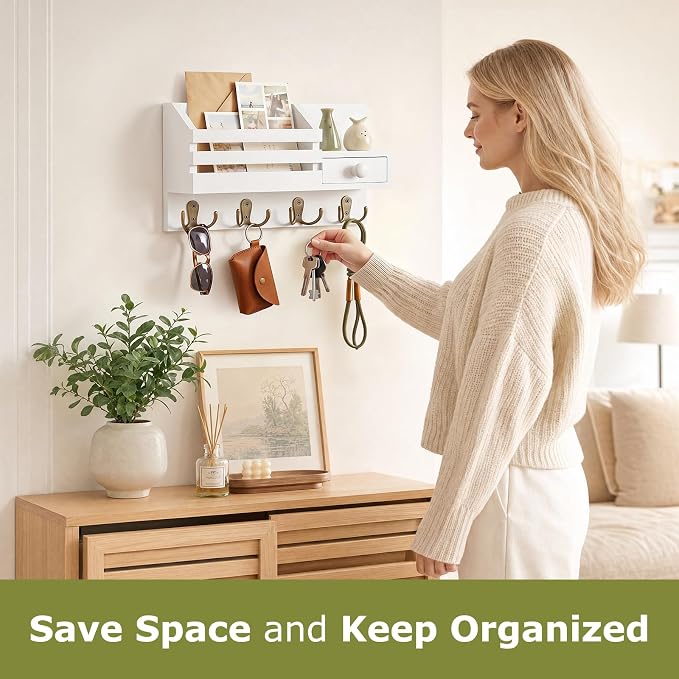 Key Holder Wall Mount, Wooden Adhesive Mail and Key Organizer - Image 2
