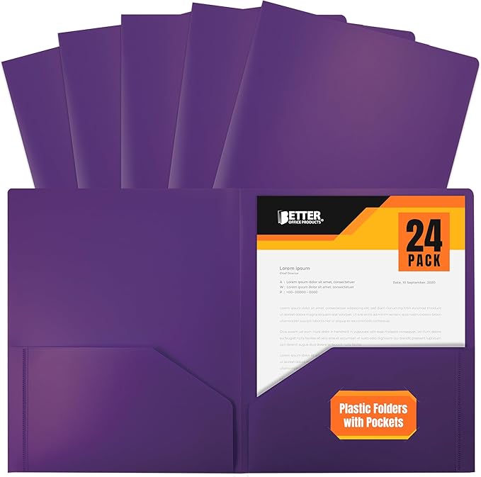Better Office Products Heavyweight Plastic 2 Pocket Portfolio Folder, Letter by BetterOfficeProducts