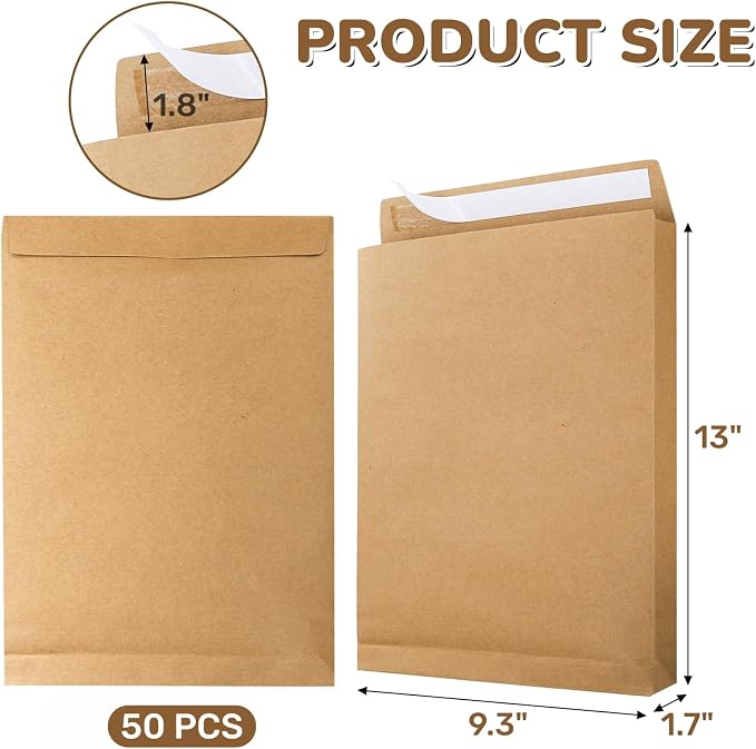 50 Pack 13.2" x 9.4" Expandable Envelope, Large Kraft Catalog Envelopes - Image 2
