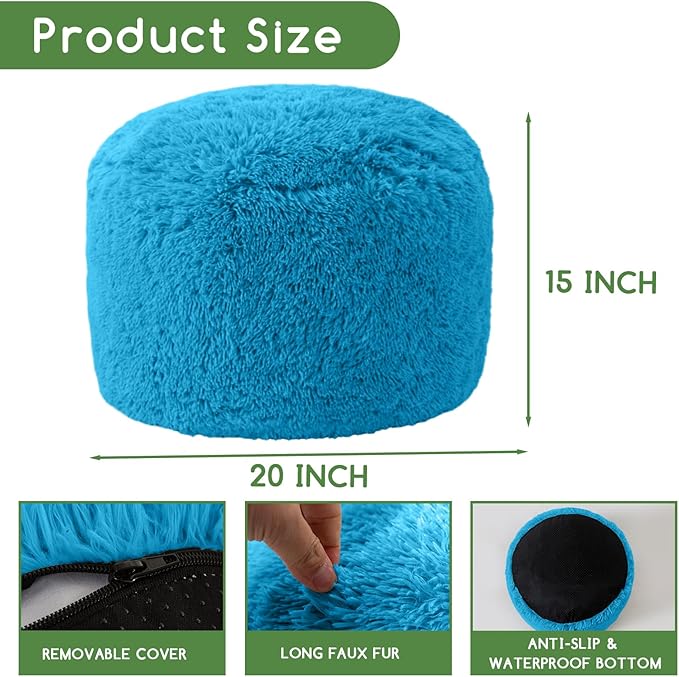 HIGOGOGO Round Stuffed Pouf Ottoman, Long Faux Fur Poufs with Foam Chunk Filling, Fluffy and Furry Pouf Foot Stool Storage Ottoman, 20 X 15 Floor Poufs Foot Rest for Living Room, Blue-DeskLoop Office