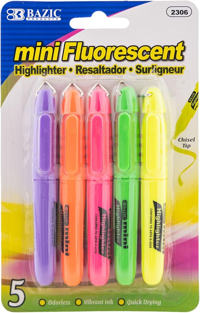 BAZIC PRODUCTS Mini Highlighters, Fluorescent, Chisel Tip, 5 Ct, 24-Box | by BAZICProducts