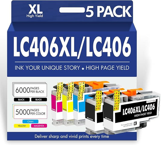 Cool Toner LC406XL LC406 Ink Cartridges for Brother Printer MFC-J4335DW MFC-J5855DW LC 406 XL for MFC-J6555DW MFC-J4535DW MFC-J6955DW MFC-J4345DW MFC-J5955DW HL-JF1 5 Pack-2Black Cyan Magenta Yellow-DeskLoop Office