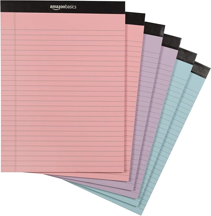 Amazon Basics Wide Ruled 8.5 x 11.75-Inch 50 Sheet Perforated Lined Writing Note Pads, Pack of 6, 300 Count, Multicolor-DeskLoop Office