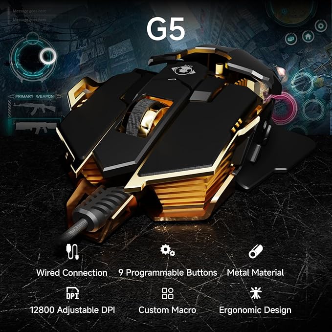 EWEADN G5 Wired Gaming Mouse, Ergonomic RGB Computer Mouse, 12800 Adjustable DPI, 9 Programmable Macro Buttons with Rapid Fire Key Compatible for PC/Laptop/Windows- Black&Gold-DeskLoop Office