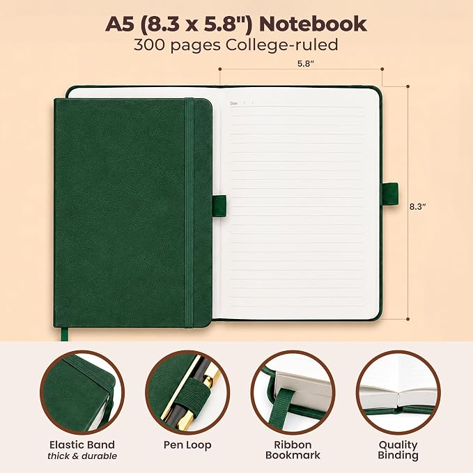 A5 Leather Bound Journal Green 5.8x8.3" Lined Notebook 300 Pages | Thick - Image 3