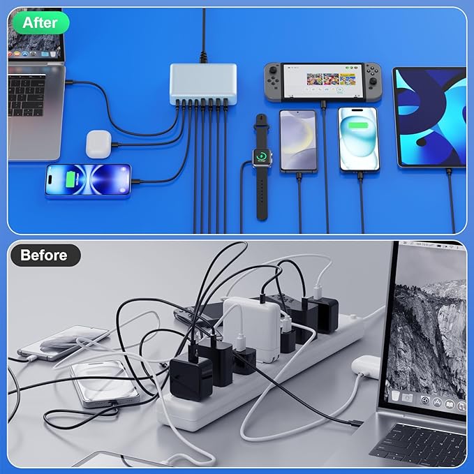 USB C Charger 300W USB C Charger Block 8-Ports GaN IV Fast Charging Station,PD 100W Laptop Charging Hub Wall Adapter Compatible with MacBook/Air,DELL,Steam Desk,iPhone 16/15/14,Galaxy S24 etc-DeskLoop Office