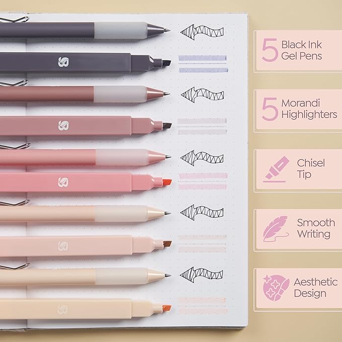 BLIEVE Aesthetic Highlighters and Gel Pens And Soft Tip, No Bleed Dry Fast Easy to Hold, for Bible Journaling Planner Notes School Office Supplies (Morandi)-DeskLoop Office