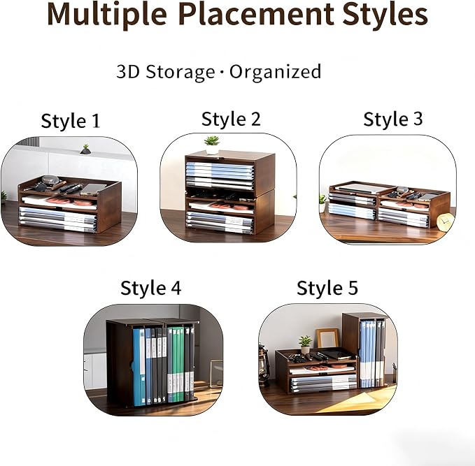 Wooden Desk Organizer with Dark Wood Finish, Stackable Paper Tray & File Holder - Image 5