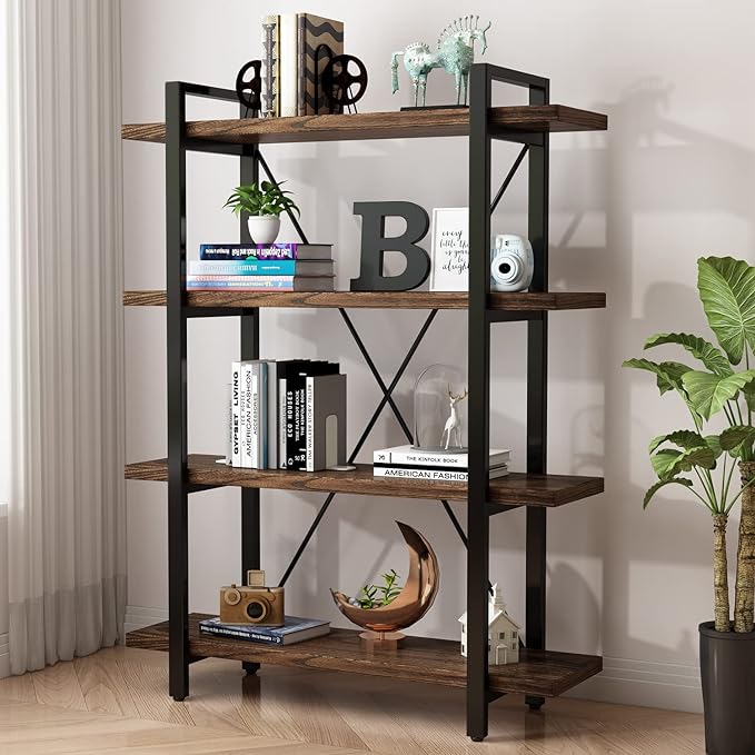 4 Tier Bookshelf Solid Wood Bookcase and Book Shelves Wood and Metal Shelving Rustic Open Bookshelf Office,Distressed Brown (AY-02-4Tier)-DeskLoop Office