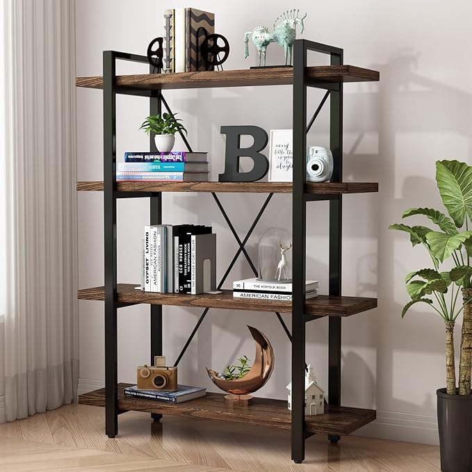 4 Tier Bookshelf Solid Wood Bookcase and Book Shelves Wood and Metal Shelving Rustic Open Bookshelf Office,Distressed Brown (AY-02-4Tier)-DeskLoop Office