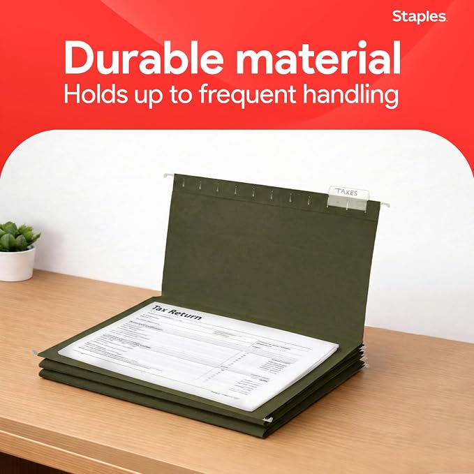 Staples Hanging File Folders, Legal Size, 1/5‑Cut Tabs, Standard Green - Image 6