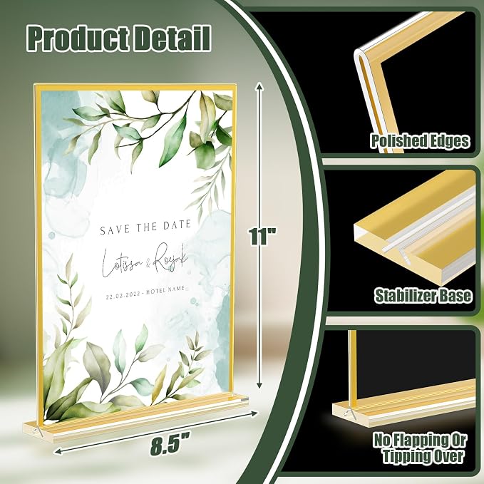 Acrylic Sign Holder 8.5 x 11, 9 Pack Clear Sign Holder Double Sided Gold Table - Image 2
