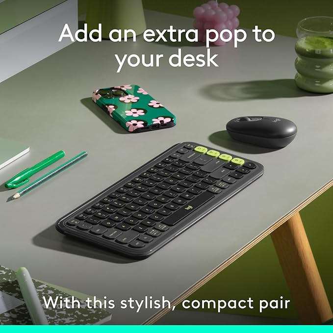 Logitech POP ICON Combo, Bluetooth Keyboard and Mouse Combo, Comfortable Typing, programmable Keys and Buttons, Quiet clicks, Easy-Switch up to 3 Devices - Graphite and Lime-DeskLoop Office