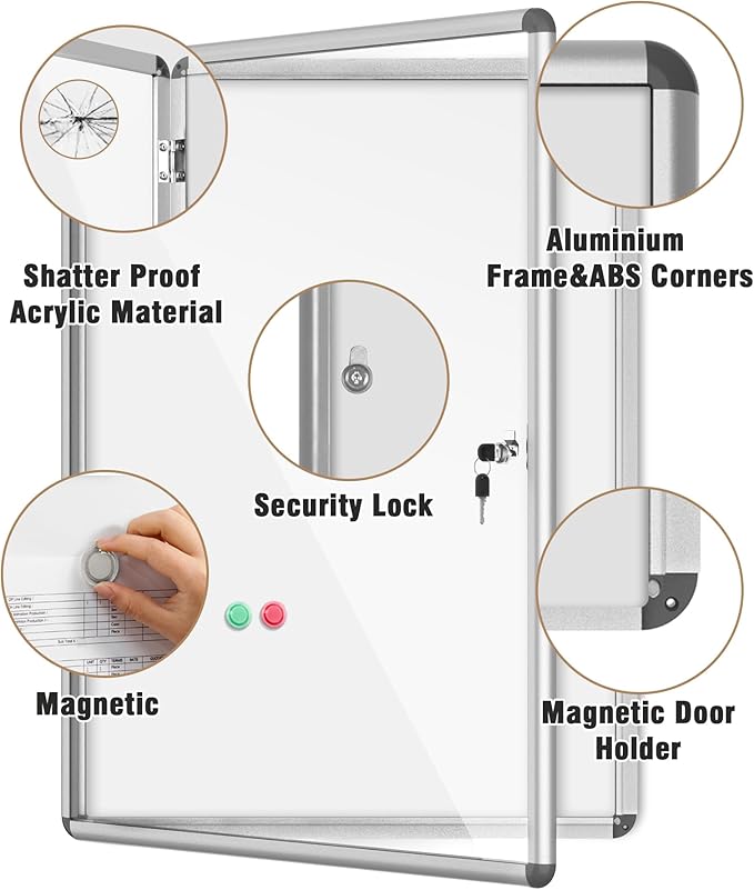 38"x28" Enclosed Bulletin Board, Lockable Weather-Resistant Aluminum Noticeboard for School & Office, Silver Frame w/Magentic Whiteboard-DeskLoop Office