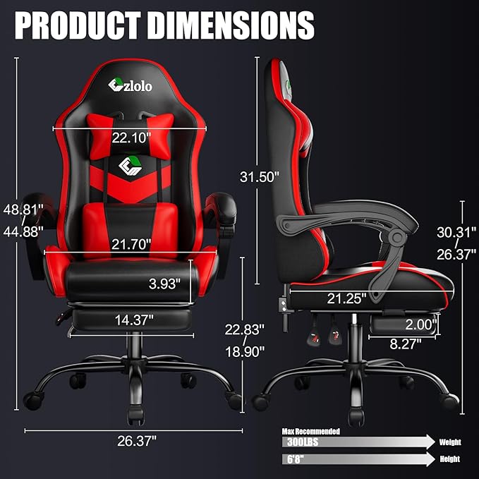 Gaming Chair, Ergonomic Office Computer Chair with Footrest and Lumbar Support Massager Racing Style High Back Video Gamer Chair, Wide＆Thick Cushion, 90°-135° Recline, Adjustable Height, Red-DeskLoop Office