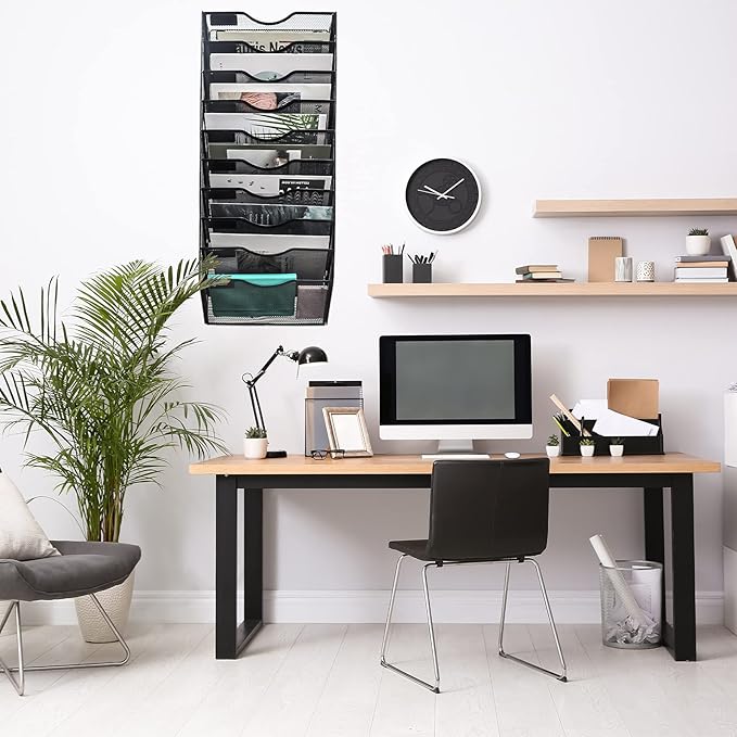 EASEPRES 10 Pocket Mesh Hanging Wall File Organizer, Wall Mounted Mail Paper Document Folder Holder, Clipboard Storage Organization Magazine Rack with Nametag Label for Office Home School, Black-DeskLoop Office