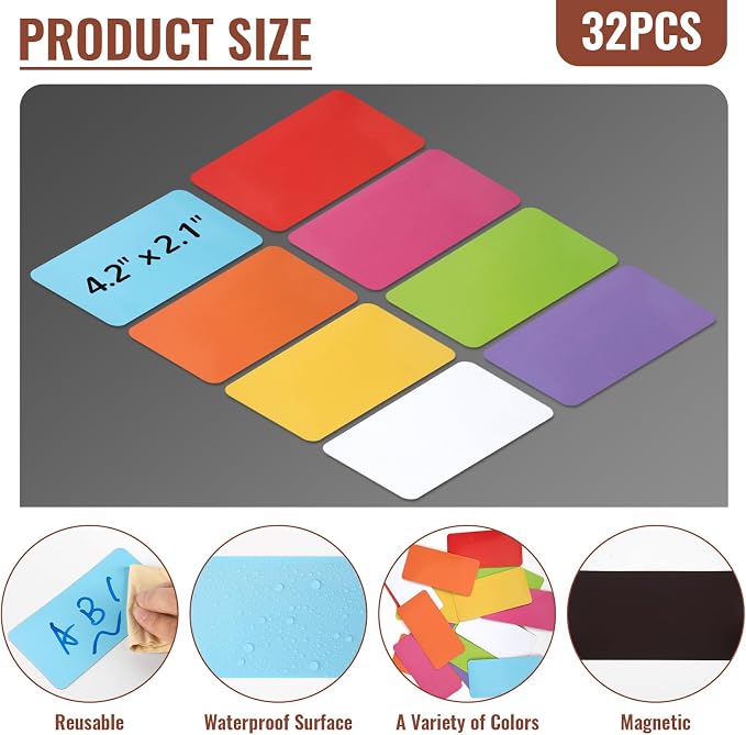 32 Pcs Dry Erase Magnetic Labels, 4.2" x 2.1" 8 Colors | Reusable Writable - Image 3